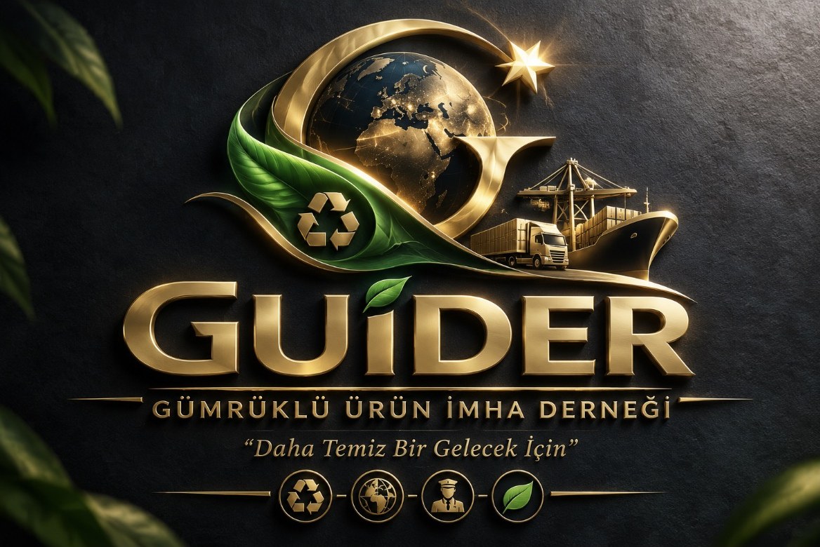 GUİDER logosu: altın bir küre, yeşil yaprak ve geri dönüşüm simgesi; yanında liman, gemi ve tır. Altında Gümrüklü Ürün İmha Derneği adı ve Daha Temiz Bir Gelecek İçin sloganı.